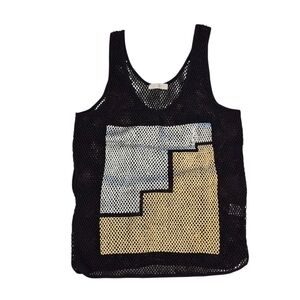 Gat Rimon Black Mesh Tank Top With Silver & Gold Geometric Print